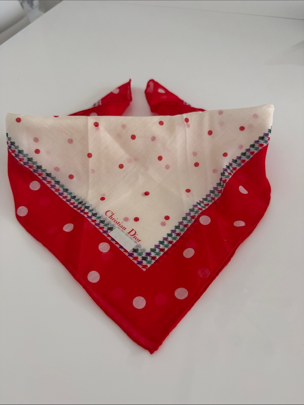 Dior Red and Cream Polka Dot Silk Scarf
